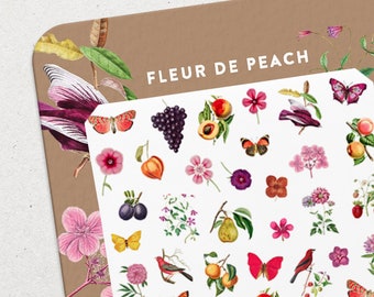 Fleur de pêcher • Ensemble d'autocollants pour ongles toboggan • Art pour ongles fleurs, fruits et oiseaux