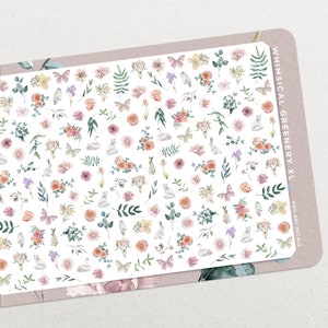 Whimsical Greenery XL Set • Waterslide Nail Decal Set • Watercolor Pink Flowers, Butterflies & Leaves Nail Art