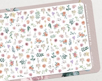 Whimsical Greenery XL Floral Waterslide Nail Decals: Pink Flowers, Butterflies