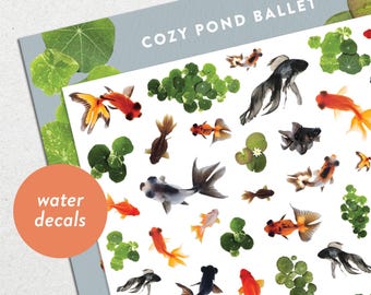 Waterslide Nail Decals: Cozy Pond Ballet Goldfish Koi Fish Pond and Lily Pads