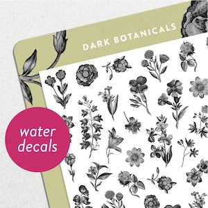 Dark Botanicals • Waterslide Nail Decal Set • Vintage Black & White Flowers Nail Art