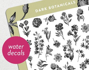 Dark Botanicals • Waterslide Nail Decal Set • Vintage Black & White Flowers Nail Art