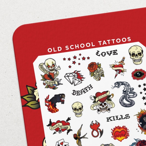 Old School Tattoos • Waterslide Nail Decal Set • Roses, Skulls & Flames Nail Art