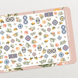 Azulejos de tangerina XL • Conjunto de decalques de unha em formato de slide d&#39;água • Arte de unhas com flores, galhos e laranjas