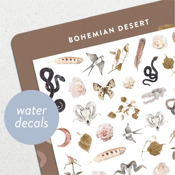 Boho Desert • Vattenrutschkana Nageldekalset • Esoteriska ormar och dödskallar Nagelkonst