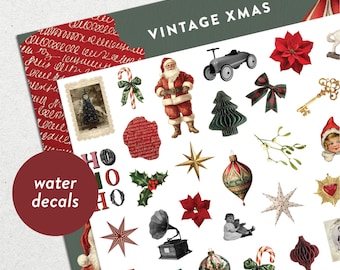 Waterslide Nail Decals: Vintage Xmas Retro Christmas Santa Ornaments Poinsettias Nutcracker Bows and Stars