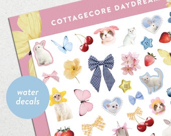 Waterslide Nail Decals: Cottagecore Daydream Cute Cats Bunnies Gingham Bows and Cherries
