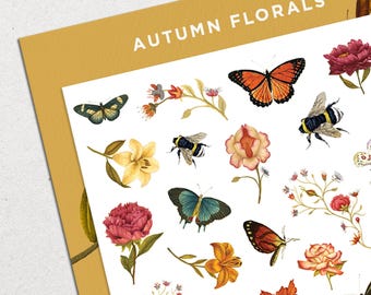 Autumn Florals Nail Decals • Orange and Red Vintage Flowers • Cottagecore Butterflies & Bees Nail Art
