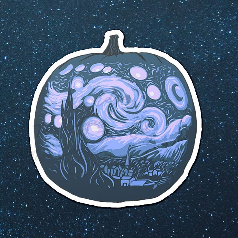 May include: A black and white pumpkin with a blue and white starry night painting design. The pumpkin is carved with a swirling sky and a small town.