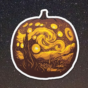 May include: A brown pumpkin carved with a swirling yellow and orange design inspired by Vincent van Gogh's "Starry Night".
