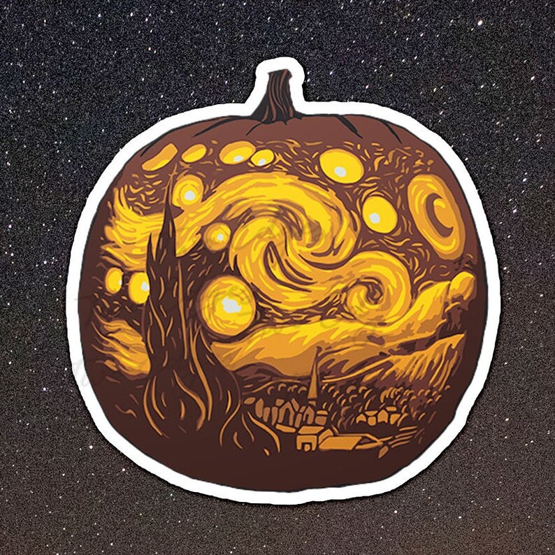 May include: A brown pumpkin carved with a swirling yellow and orange design inspired by Vincent van Gogh's "Starry Night".