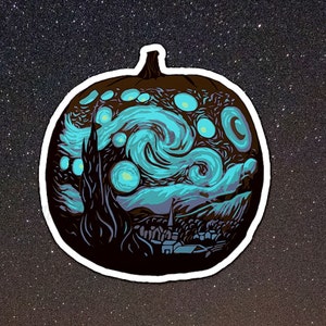 May include: A black and blue pumpkin with a swirling design reminiscent of Vincent van Gogh's "Starry Night" painting.