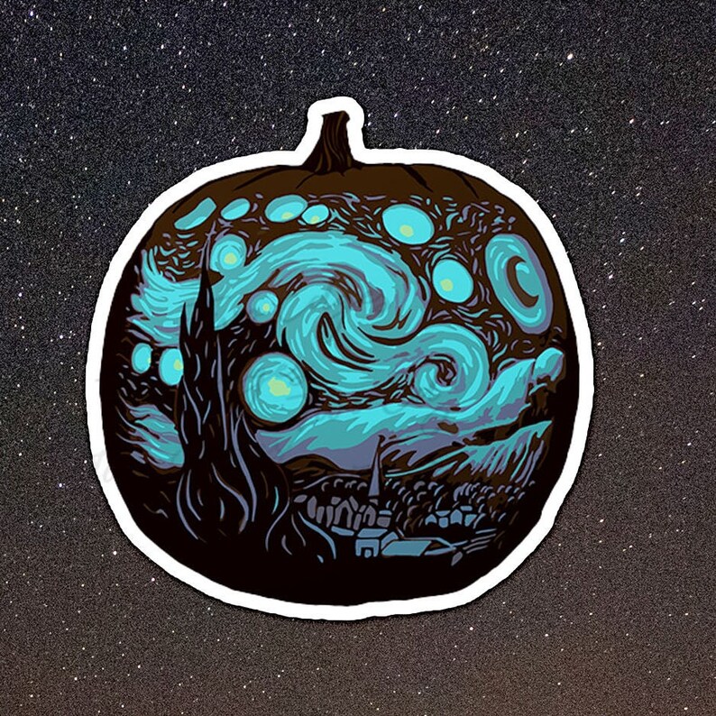 May include: A black and blue pumpkin with a swirling design reminiscent of Vincent van Gogh's "Starry Night" painting.