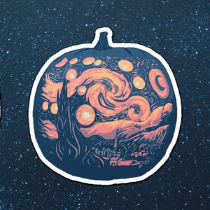 May include: A pumpkin carved with a swirling, starry night scene in shades of blue, yellow, and orange. The scene is reminiscent of Vincent van Gogh's famous painting, "The Starry Night."