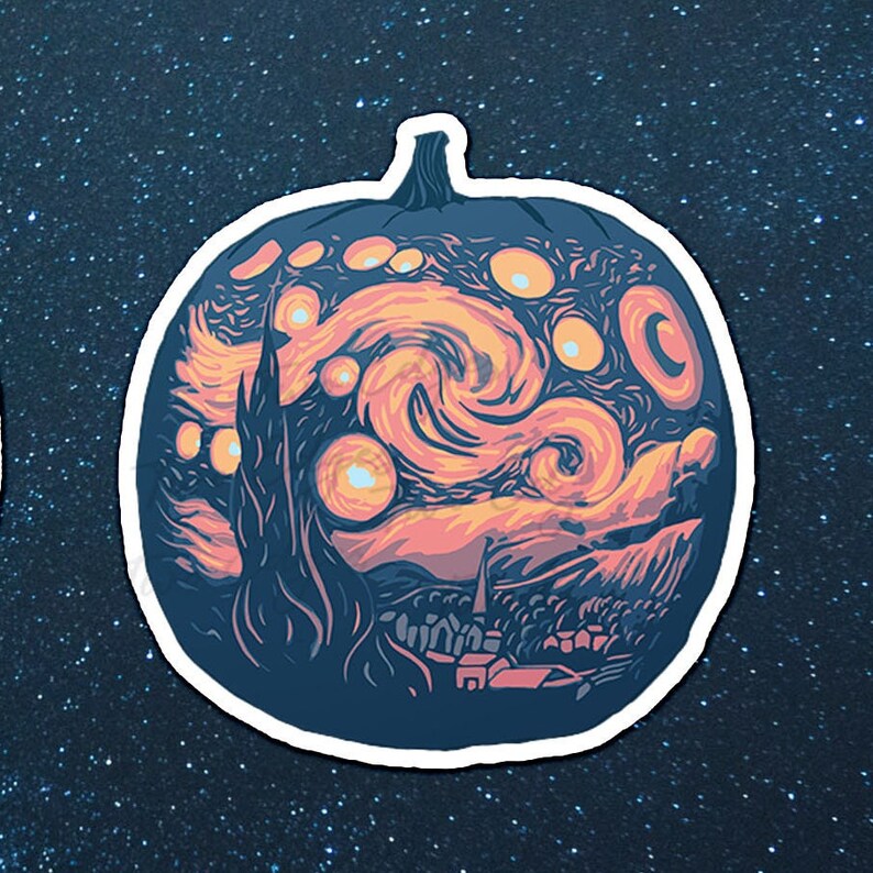 May include: A pumpkin carved with a swirling, starry night scene in shades of blue, yellow, and orange. The scene is reminiscent of Vincent van Gogh's famous painting, "The Starry Night."