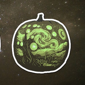 May include: A green and brown pumpkin with a white outline, carved with a swirling design reminiscent of Vincent van Gogh's "Starry Night".