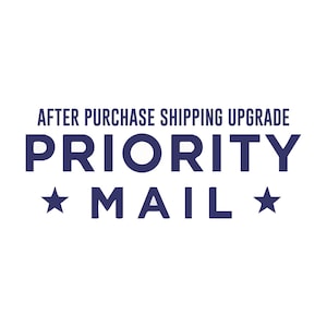 Pode incluir: Fundo branco com texto azul marinho que diz "AFTER PURCHASE SHIPPING UPGRADE" acima de "PRIORITY MAIL". Duas estrelas azuis marinhas ladeiam a palavra "MAIL".