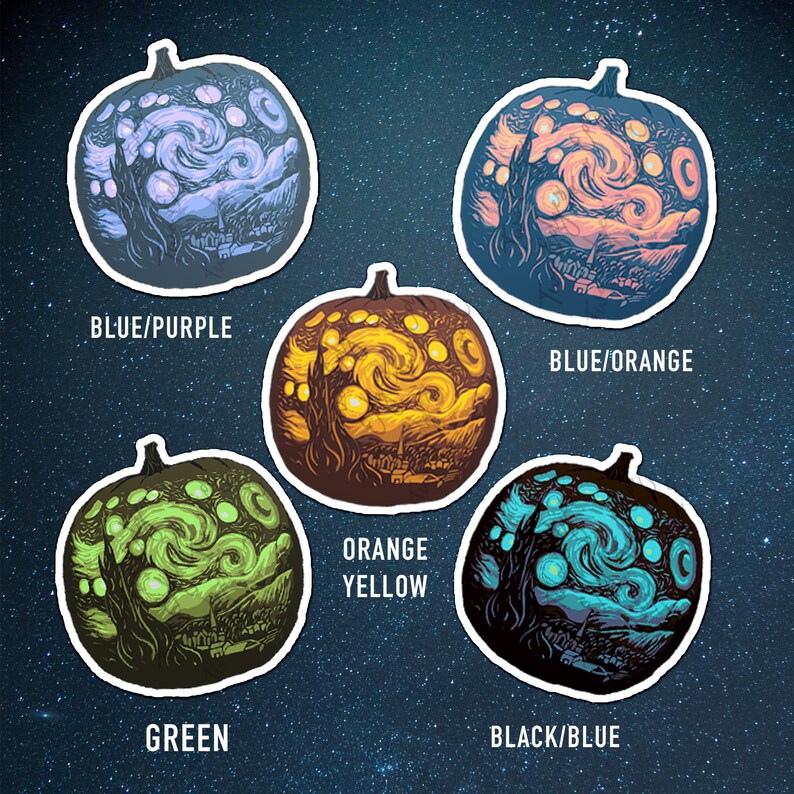 May include: Five different colored pumpkins with a starry night painting design carved into them. The pumpkins are labeled with the colors used: blue/purple, blue/orange, orange yellow, green, and black/blue.