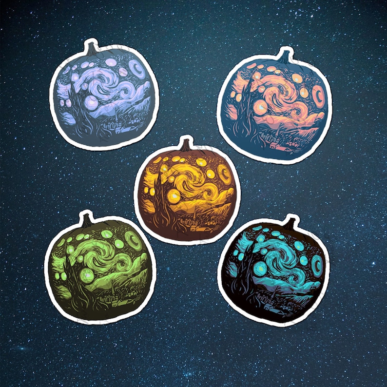 May include: Five pumpkins painted with a starry night sky design. Each pumpkin has a different color scheme, including blue, yellow, green, and orange.
