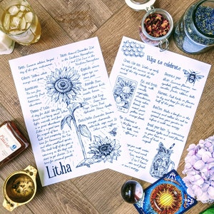 Puede incluir: Una hoja de papel blanca con texto escrito a mano en tinta negra sobre el solsticio de verano, también conocido como Litha. El texto incluye información sobre los colores, los temas y las formas de celebrar el solsticio. Una ilustración dibujada a mano de un girasol se encuentra en el centro de la página.