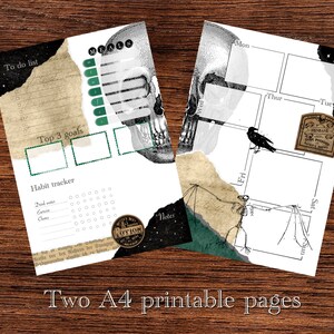 May include: Two printable pages with a black and white anatomical illustration of a skull, a bat skeleton, and a crow. The pages are designed for a daily planner or journal with sections for to-do lists, habit trackers, meal planning, and notes. The pages also include a weekly calendar with days of the week labeled in English.