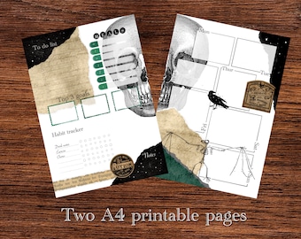 Peut inclure: Deux pages imprimables avec une illustration anatomique en noir et blanc d'un crâne, d'un squelette de chauve-souris et d'un corbeau. Les pages sont conçues pour un agenda ou un journal quotidien avec des sections pour les listes de tâches, le suivi des habitudes, la planification des repas et les notes. Les pages comprennent également un calendrier hebdomadaire avec les jours de la semaine étiquetés en anglais.
