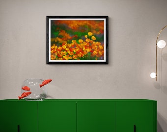 Pittura di papavero dorato, fiori astratti, fiori d'arancio brillante, stampa Glicee, decorazione della parete floreale, arte floreale impressionista, fiori di papavero