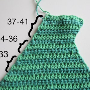 May include: A close-up of a green and teal crochet fabric with numbers 30-33, 34-36, and 37-41 written on the image.