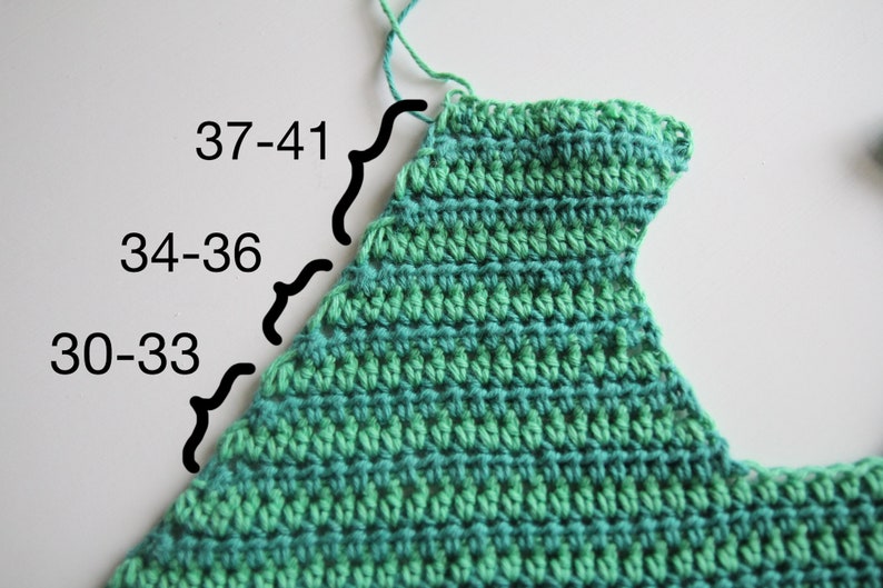 May include: A close-up of a green and teal crochet fabric with numbers 30-33, 34-36, and 37-41 written on the image.