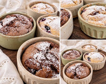 6 süße Soufflé-Förmchen Villeroy & Boch Luxembourg 60er Jahre gelb grün türkisblau Backförmchen Keramikförmchen feuerfest für Muffins