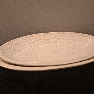 Serving bowl gift oval vintage light tone and white shiny glaze with spots and Christmas structure image 5