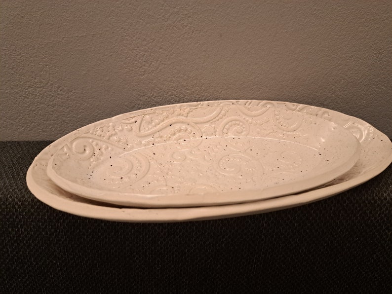 Serving bowl gift oval vintage light tone and white shiny glaze with spots and Christmas structure image 5