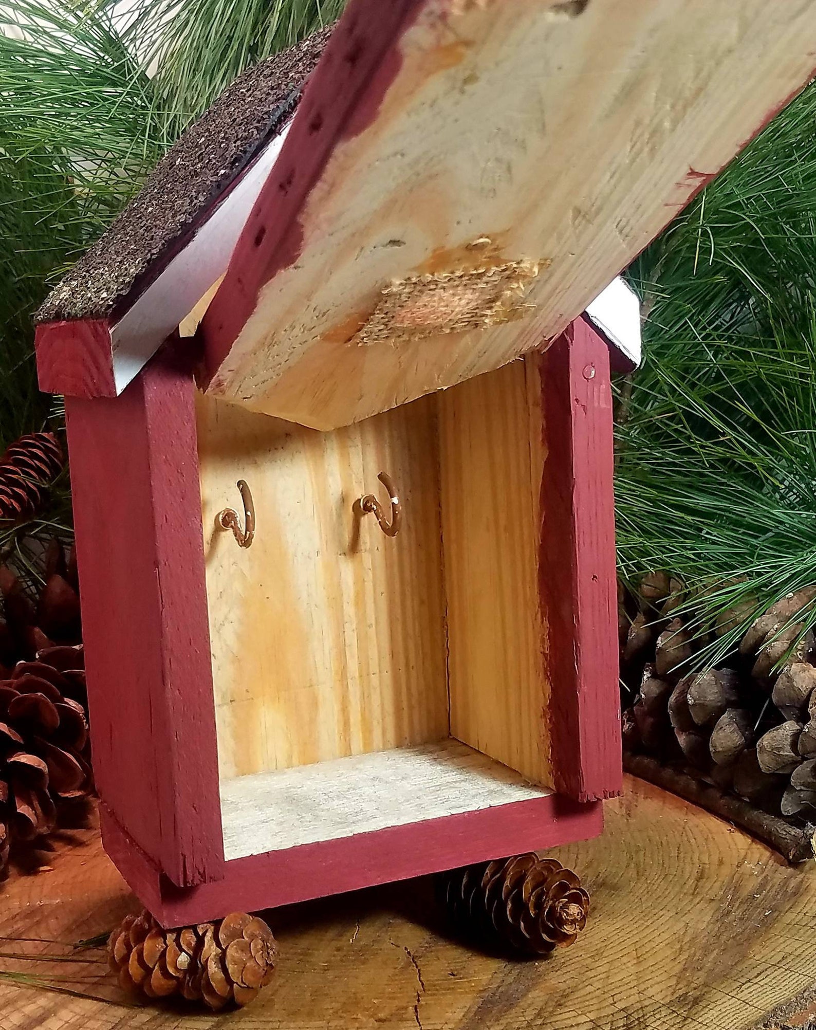 Hideakey birdhouse Handmade barn red and white & shingle Etsy