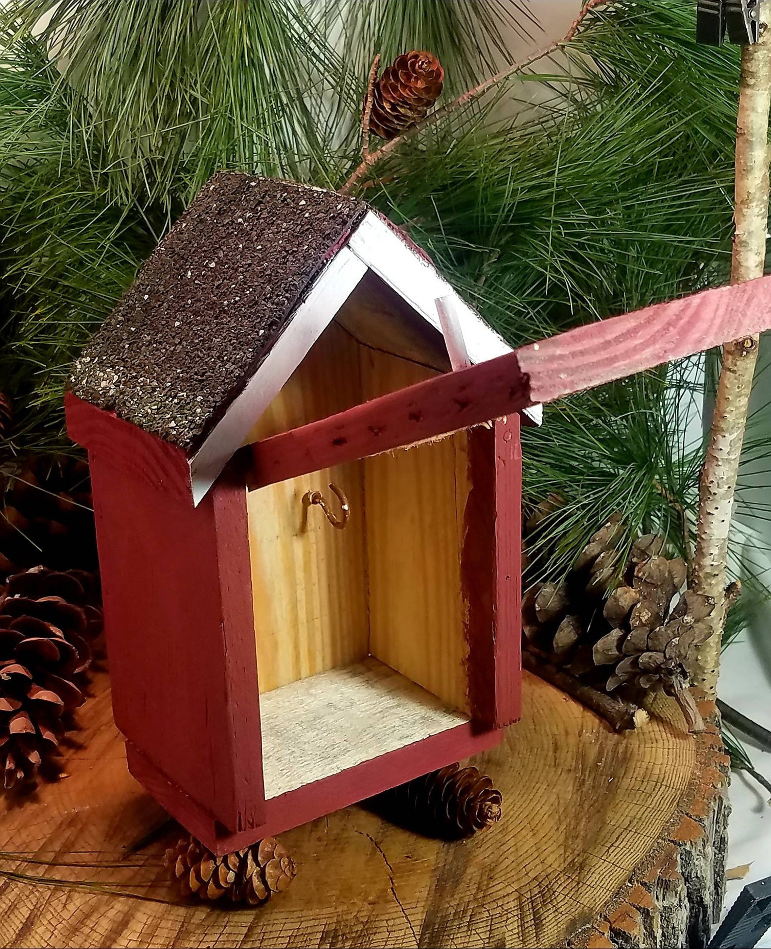 Hideakey birdhouse Handmade barn red and white & shingle Etsy