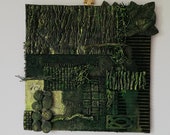 Origin quot Wood quot Collection - Original Feng Shui painting with wood inlay, vegetation, fabrics, golden green color, contemporary style