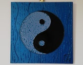 Yin-Yang quot Water quot Collection - Feng Shui painting, original and contemporary, with impasto and lacquered effect, blue and black color