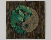Yin-Yang quot Bois quot collection - Feng Shui painting, modern and original, with wood collage, vegetation, jute, iridescent green color