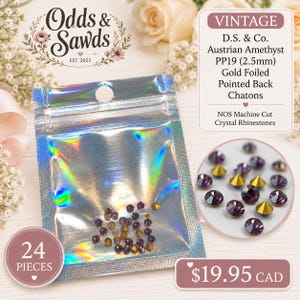 Puede incluir: Un paquete de 24 chatones vintage D.S. & Co. de amatista austriaca PP19 de 2,5 mm con reverso de lámina dorada. Estos diamantes de imitación de cristal tallados a máquina están contenidos en una pequeña bolsa holográfica, con una vista circular.