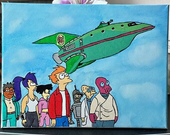 Futurama - Whole Cast & Planet Express - Lienzo dibujado y pintado a mano