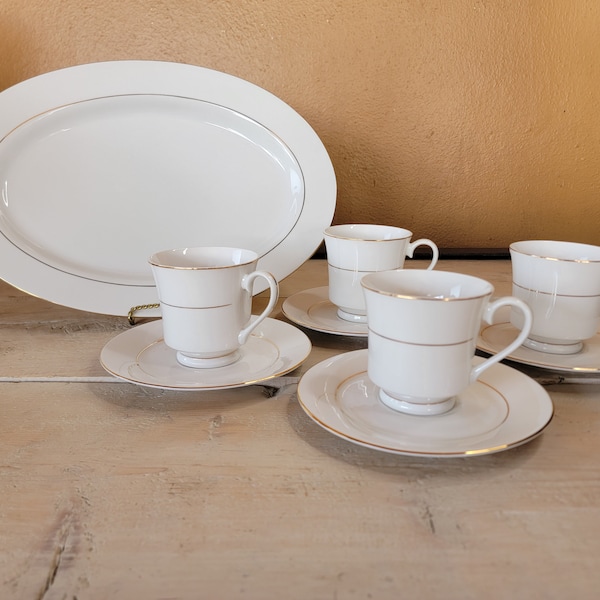 Lynns Fine China Tazas de té y bandeja para servir Tazas de té blancas con borde dorado