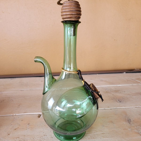 Rare Vintage Large Hand Blown Green Glass Italian Wine Decanter with Ice Chamber