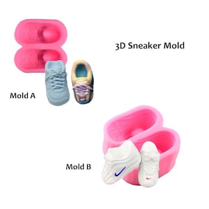 May include: Two pink silicone molds for making 3D sneaker-shaped decorations. Mold A has two cavities for smaller sneakers. Mold B has two cavities for larger sneakers.