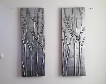 Modern 3 D Inspired By Nature Aluminum/Wood Wall Art Decor,Metal Tree On Wood,Diptych 38&quot;x26&quot; Metal Art Gallery,Hand Made Sculpture