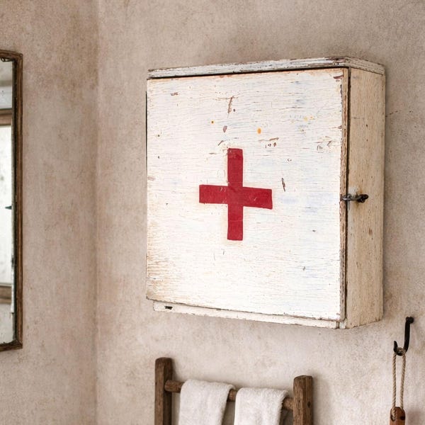 Vintage Wooden First Aid Cabinet – Primitive Medical Storage.