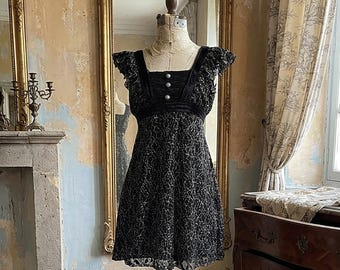 Ruffle Tunic Dress: Yumi Black Lace Beige Brocade Empire Waist . Size Medium.