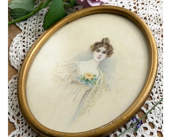 Antique Watercolor Portrait, Edwardian Lady, Oval Gilt Frame (8.5" x 6.5")