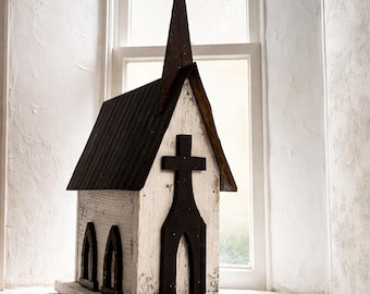 Vintage Folk Art Church Birdhouse – Repurposed Wood, Tin Roof, 4-Unit Chapel
