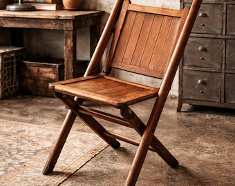 Authentic Vintage Wooden Folding Chapel Chair with Original Factory Stamps. c. 1930s-1940s