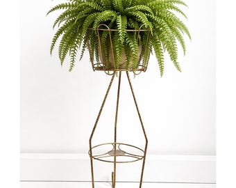Vintage Hollywood Regency Wire Plant Stand.  Gold Tone Metal Pedestal Planter.  28" Tall