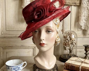 Vintage Burgundy Organza Hat - Elegant Asymmetric Dress Hat with Rose Detail.
